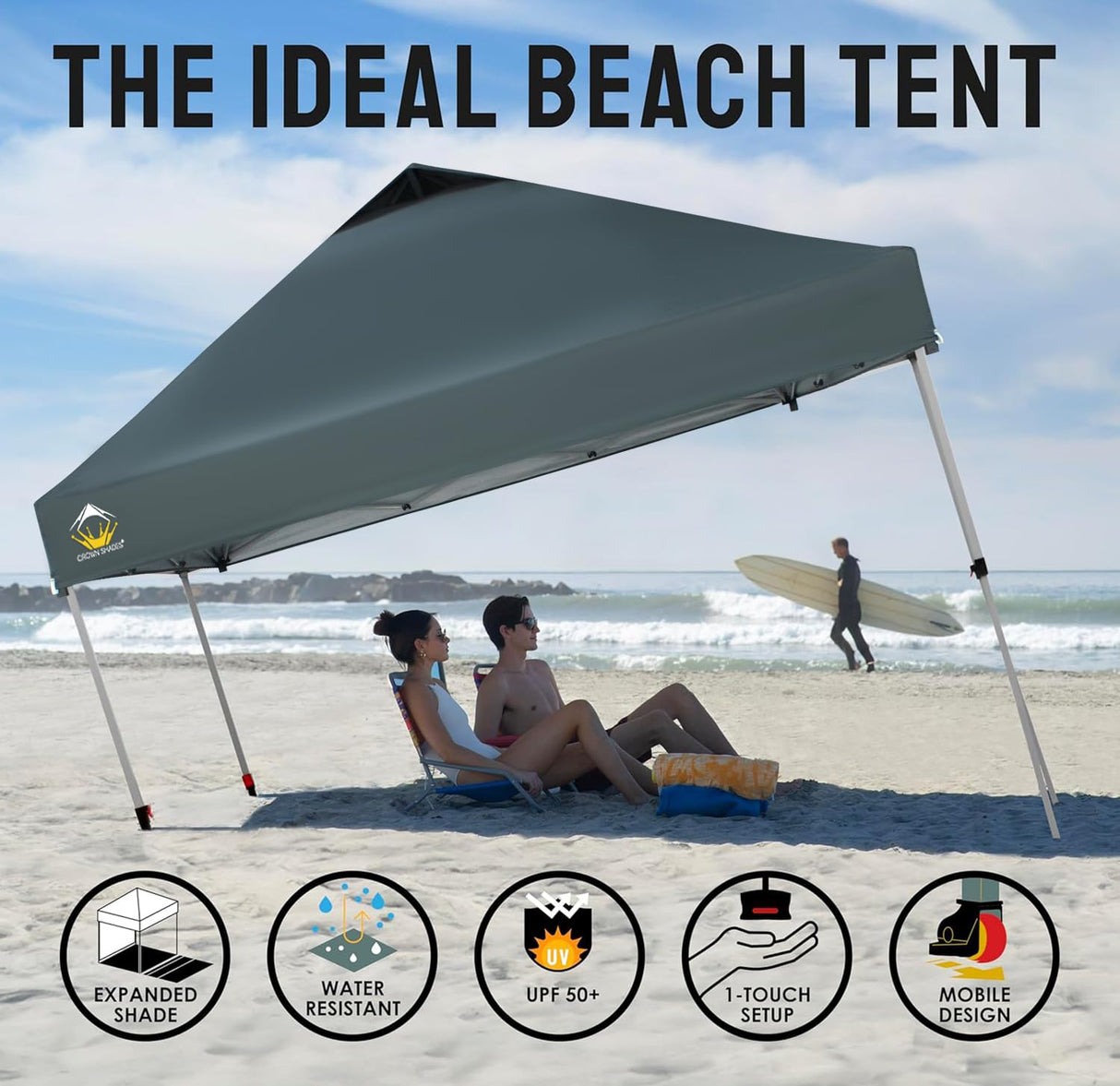 CROWN SHADES 10x10 Pop Up Canopy - Beach Tent with One Push Setup - Easy Outdoor Sun Shade Shelter for Events, Parties - Gazebo with STO-N-Go Cover Bag, Silver Coated Top, Grid Grey CROWN SHADES