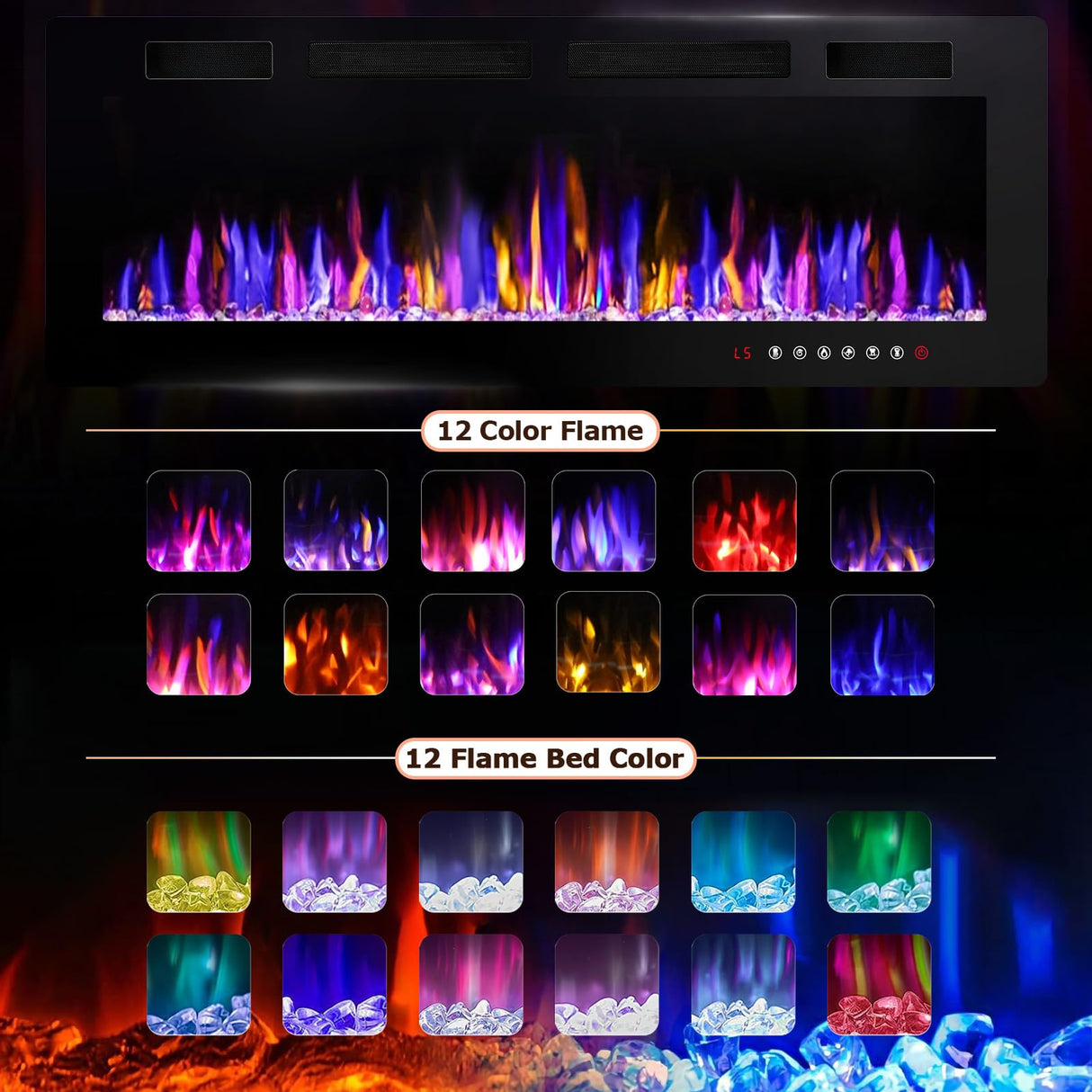 VENDORZ Electic Fireplace, 60" Recessed and Wall Mounted Electric Fireplace, Ultra-Thin Electric Fireplace Inserts Heater, 750W/1500W Fire Places Insert and Wall Electric Fireplace with Remote Control VENDORZ