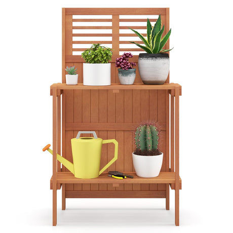 Giantex Folding Potting Bench, 2-Tier Gardening Workstation w/Storage Shelves, Wood Outdoor Potting Table for Garden, Yard, Balcony, Easy Assembly, Natural Giantex