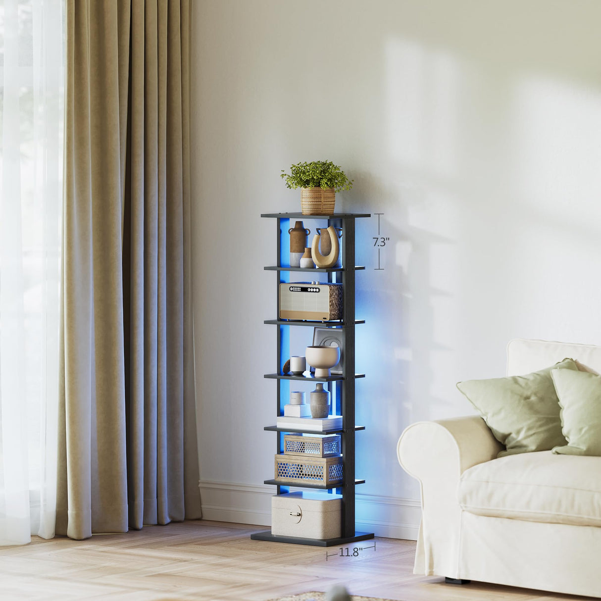 GLANZALANT 7-Tier Bookshelf, Narrow Bookcase with LED Lights, 47.2 Inch Book Shelf for Small Space, Display Storage Shelf for Living Room, Bedroom, Home Office, Study, Black GLANZALANT