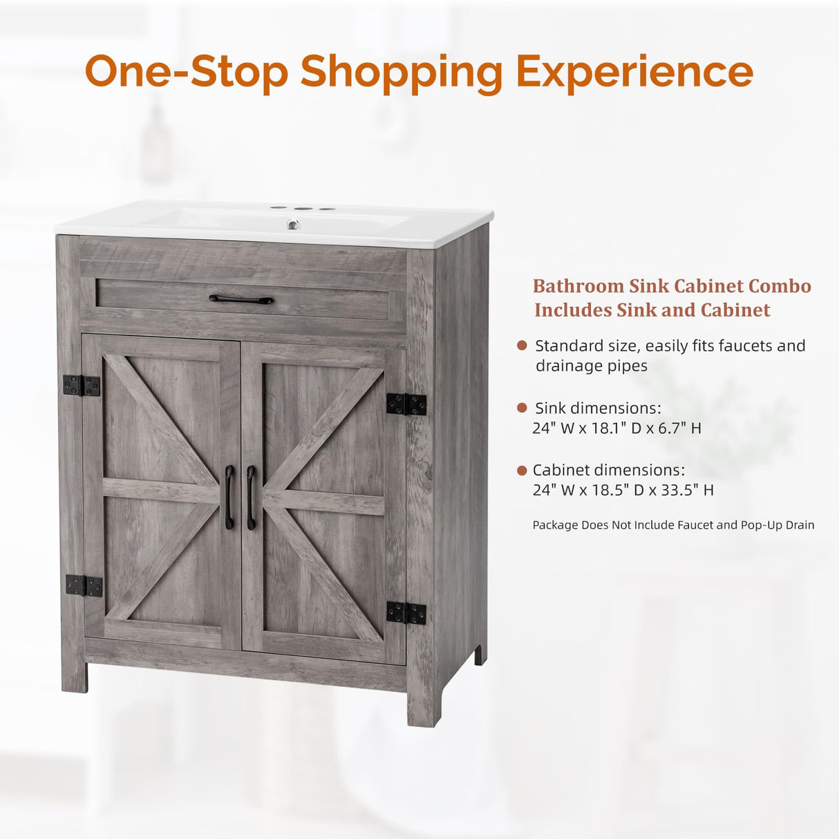 VINGLI Farmhouse Bathroom Vanity with Ceramic Sink, Bathroom Vanity Cabinet w/Barn Door&Faux Drawer, 30 Inch Bathroom Sink Cabinet Combo, Rustic Floor Storage Cupboard,Grey Wash VINGLI