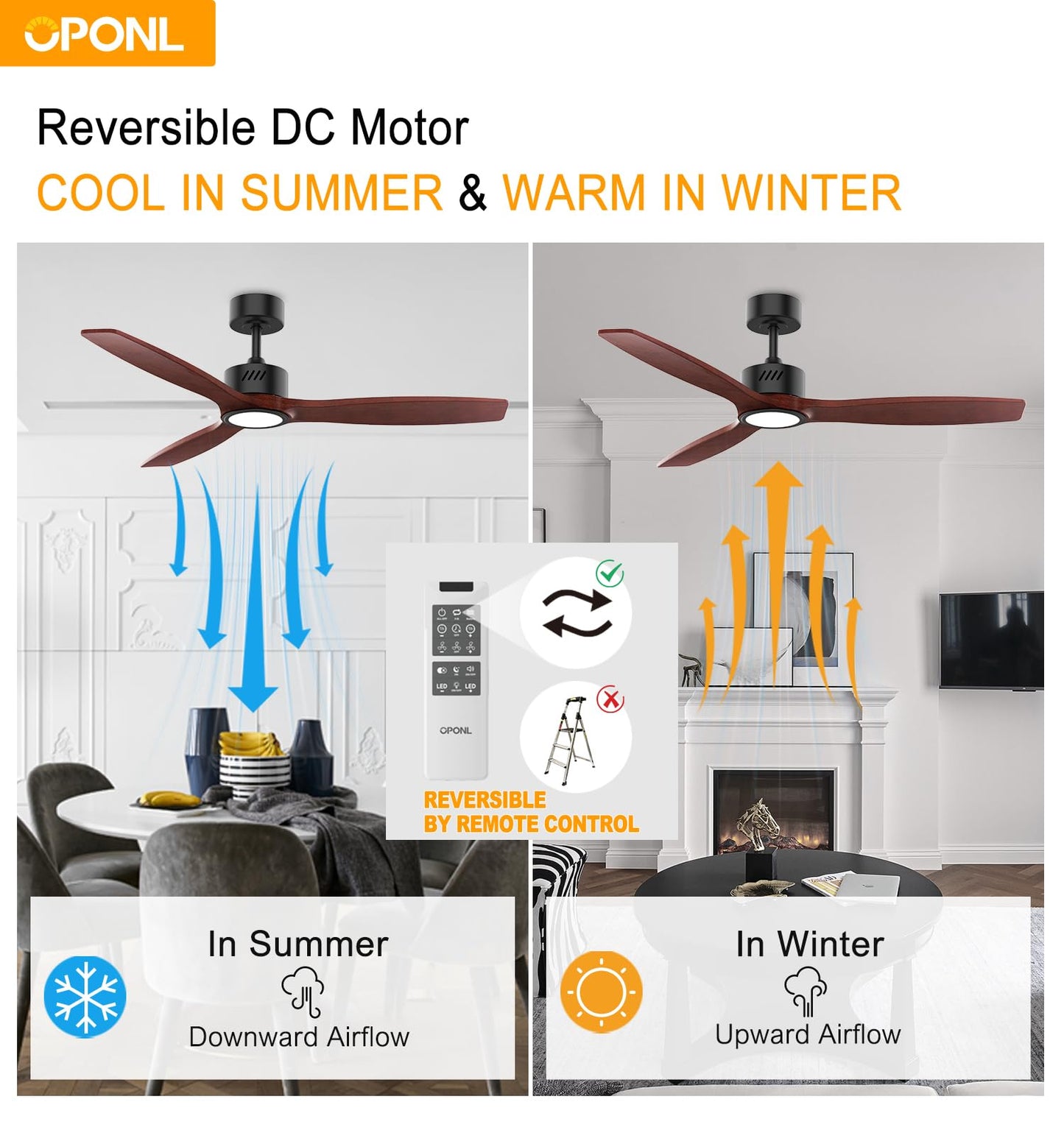 OPONL Natual Solid Wood Ceiling Fan with Light 52 Inch, Low Profile, Remote Control, Downrod Mount, Noiseless, Reversible, 6CCT, Dimmable, 6 speeds, Timeable, Ceiling Fans with Lights for Living Room