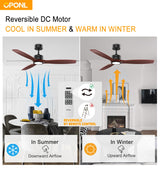 OPONL Natual Solid Wood Ceiling Fan with Light 52 Inch, Low Profile, Remote Control, Downrod Mount, Noiseless, Reversible, 6CCT, Dimmable, 6 speeds, Timeable, Ceiling Fans with Lights for Living Room OPONL