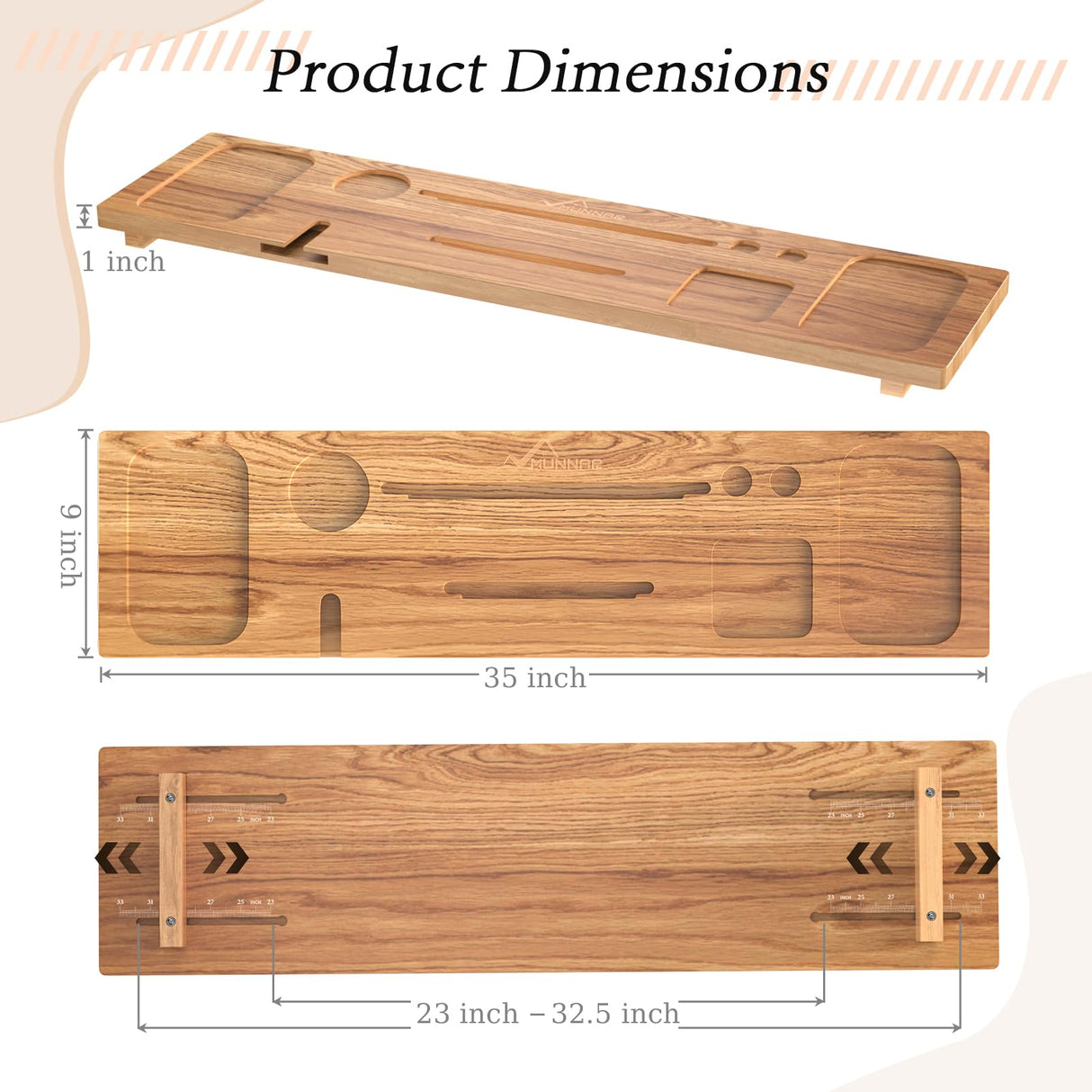 MUNNAR Pine Wood Bathtub Tray, Large Solid Wood Bath Tray, Luxury Anti-Tip Bath Caddy with Adjustable Legs, 35x9 Bath Tray for Tub, Bath Table Tray, Fits for 23"-32.5" Tub, Ideal Gift for Women MUNNAR
