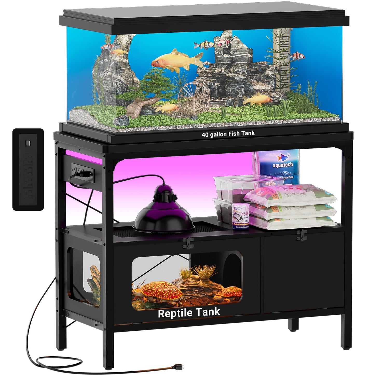 Hyomdeck 40 Gallon Fish Tank Stand with Reptile Tank and Power Outlet, Metal Aquarium Stand with Removable LED Light and Tortoise Habitat, Snake/Turtle Tank with Anti Escape Door, Acrylic Gla - WoodArtSupply