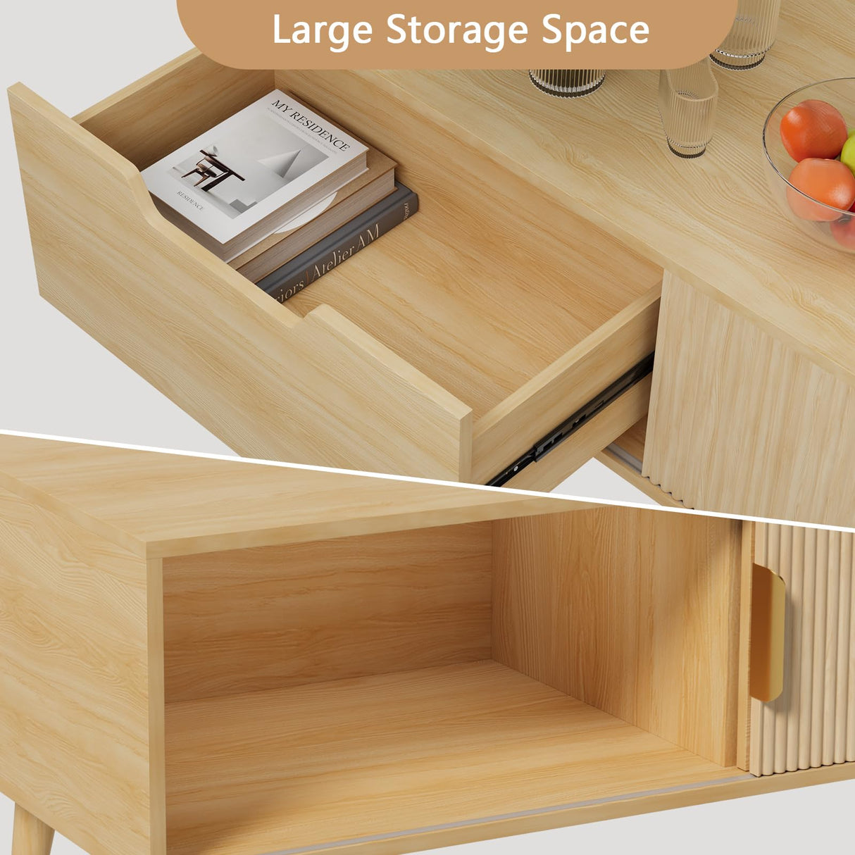 Buenhomino 47" Modern Coffee Table with Storage, Light Wood Accent Center Tables with Sliding Fluted Door Panel and Drawer, Boho Minimalist Console Table Suitable for Living Room, Apartment Natural Buenhomino