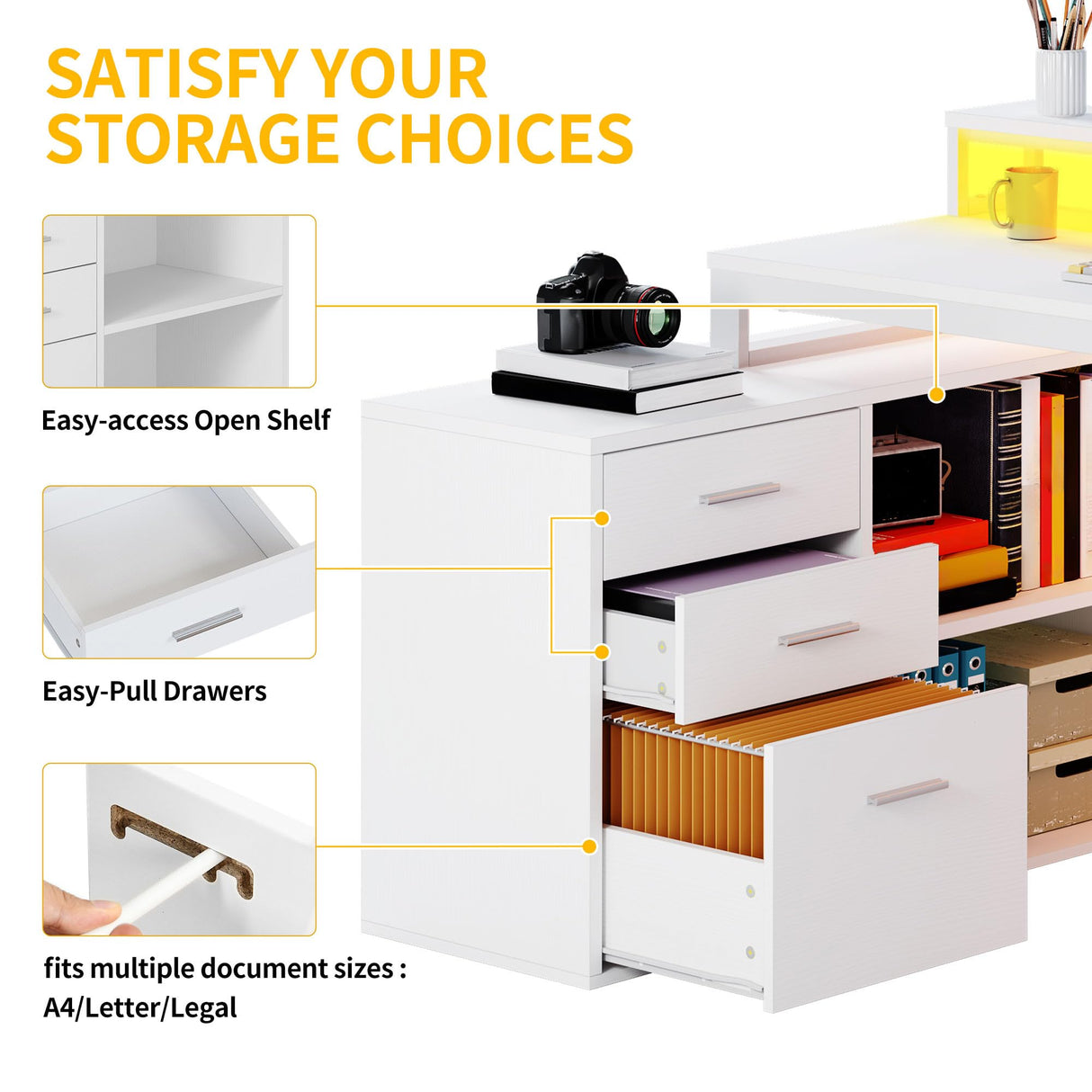 DWVO L Shaped Desk with Drawers, 55" Corner Computer Desk with Power Outlets & LED Lights, Home Office Desk with File Cabinet, White DWVO