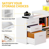 DWVO L Shaped Desk with Drawers, 55" Corner Computer Desk with Power Outlets & LED Lights, Home Office Desk with File Cabinet, White DWVO