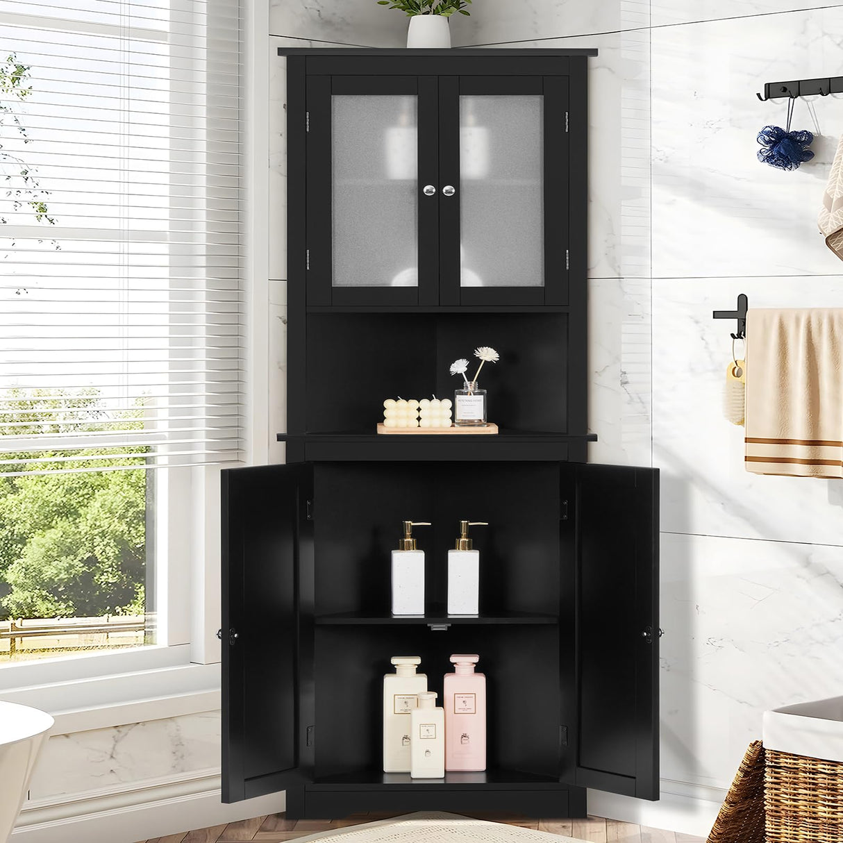 Iwell 63.8" Tall Corner Cabinet with 4 Doors and 5 Storage Shelves, Corner Bathroom Cabinet, Home Space Saver for Bathroom, Living Room, Kitchen, Black Iwell