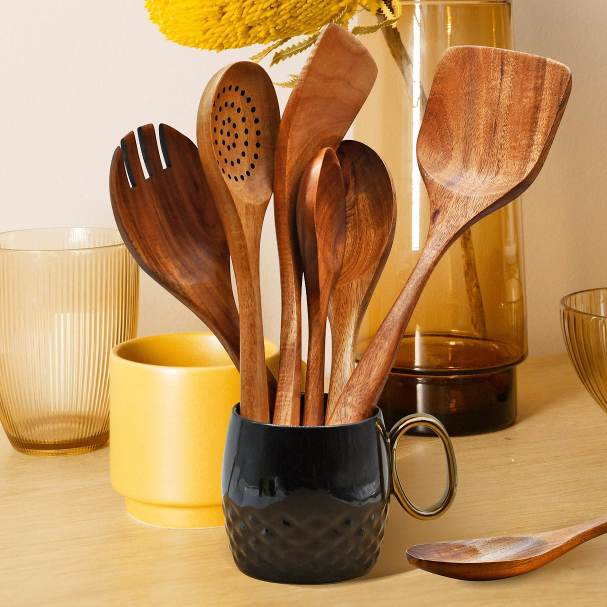 Wooden Spoon Set-6 Piece Wooden Cutlery-Daily Wooden Cutlery Cooking Spoon-Natural Teak Kitchen Set-Teak Cooking Utensils with Smooth Non-Stick Surface-For use in the kitchen when cooking Zalaxt