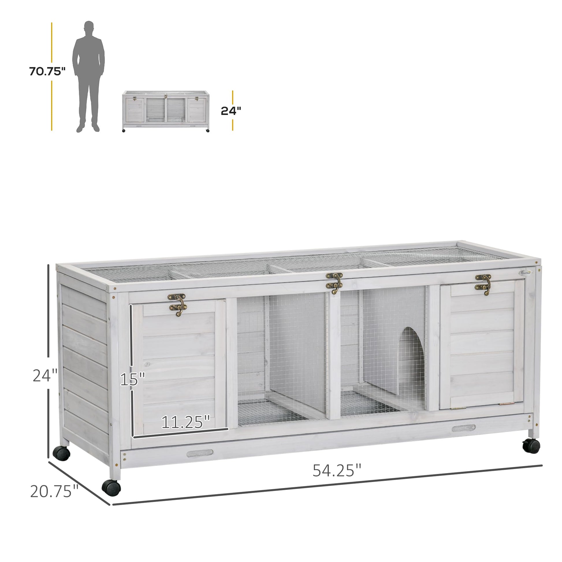 PawHut Wooden Rabbit Hutch, Bunny Cage with Wheels, Dividers, Openable Roof, Removable Trays, Small Animal Cages for 1-2 Rabbits, Indoor Outdoor Use, Light Gray - WoodArtSupply