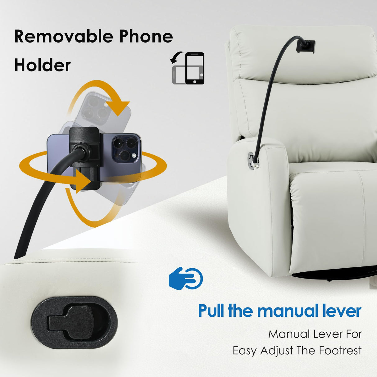 QicoFelix Swivel Rocker Recliner,Nursery Glider Recliner,Upholstered Rocking Recliner Chair with Phone Holder, PU Rocking Reclining Sofa for Living Room, Gray (360°Swivel) QicoFelix