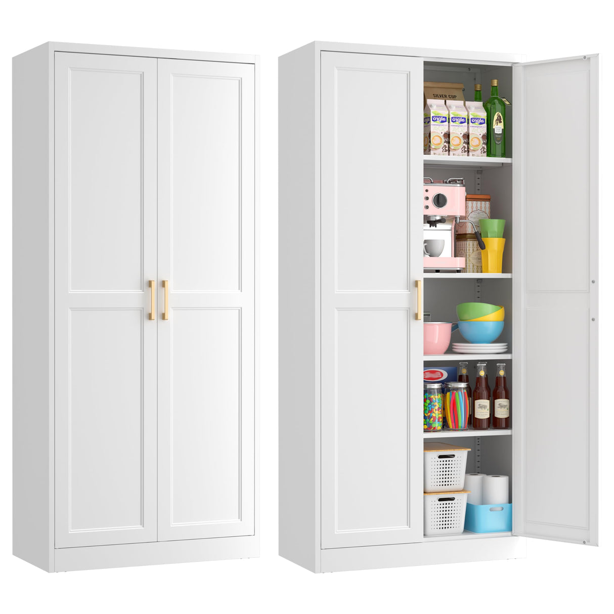Kubohogar 71" Tall Metal Pantry Cabinet, White Kitchen Pantry Storage Cabinet with 4 Adjustable Shelves and Gold Handles, Cupboard for Kitchen, Dining Room, Living Room, Bathroom Kubohogar