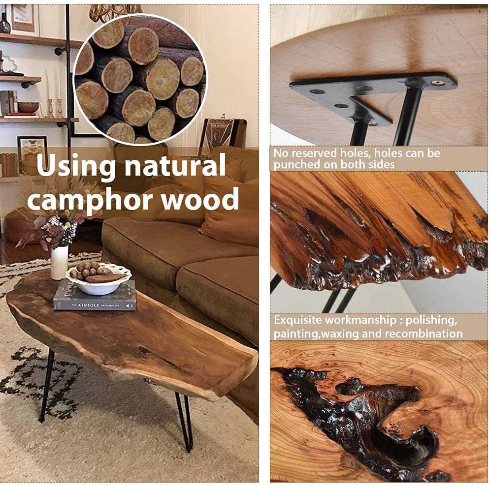 Hurrikom Natural Wood Coffee Table, Natural Wood Edge Contemporary Cocktail Table, Wood Tea Tables for Living Room with Metal Hairpin Legs,Wooden Flower Pot Holder Clear Lacquer Finish Hurrikom