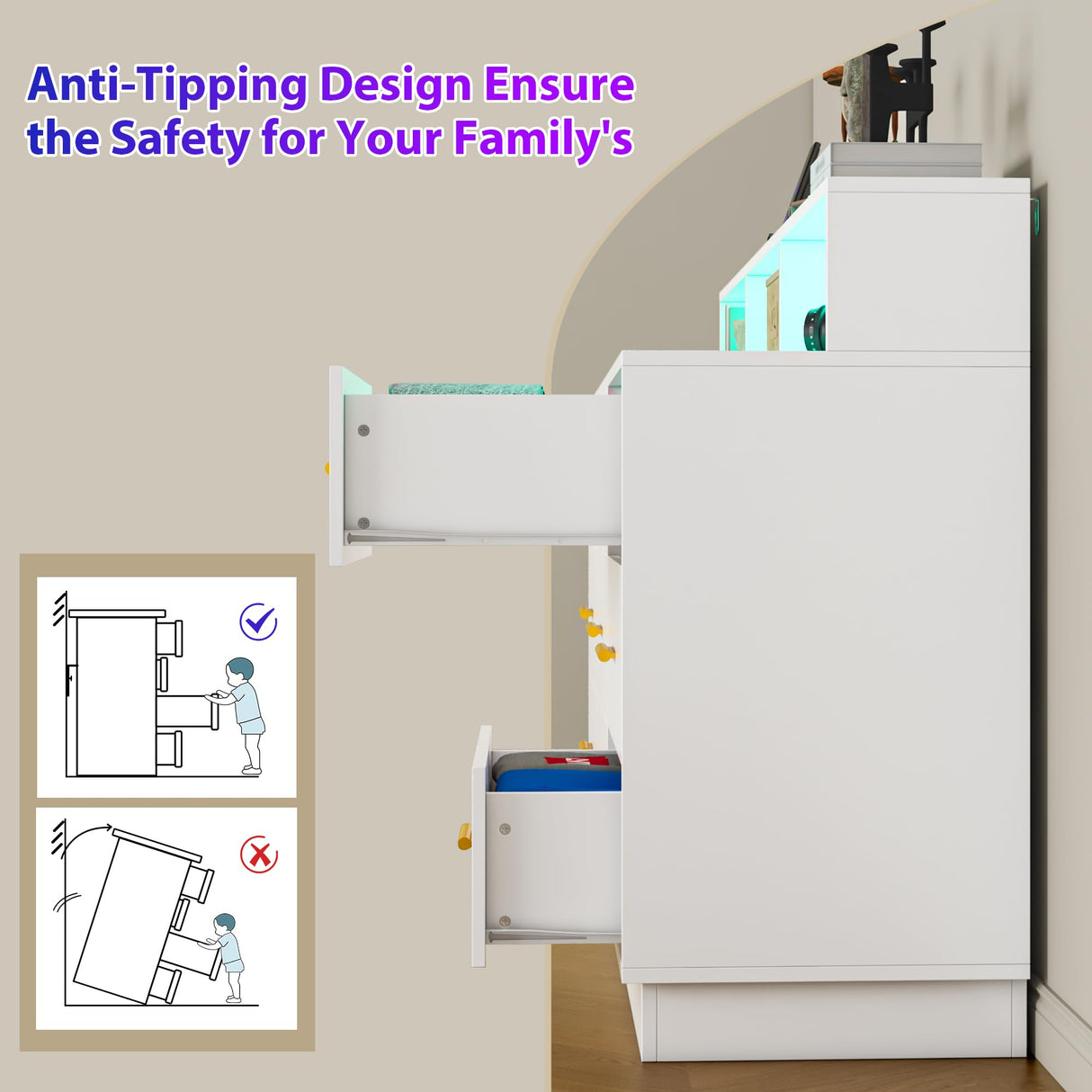 UNIQUITE White 9 Drawer Dressers for Bedroom, Modern Large Dresser with LED Light and Power Outlet, Wooden Long Dresser for Bedroom, Entryway, Living Room UNIQUITE