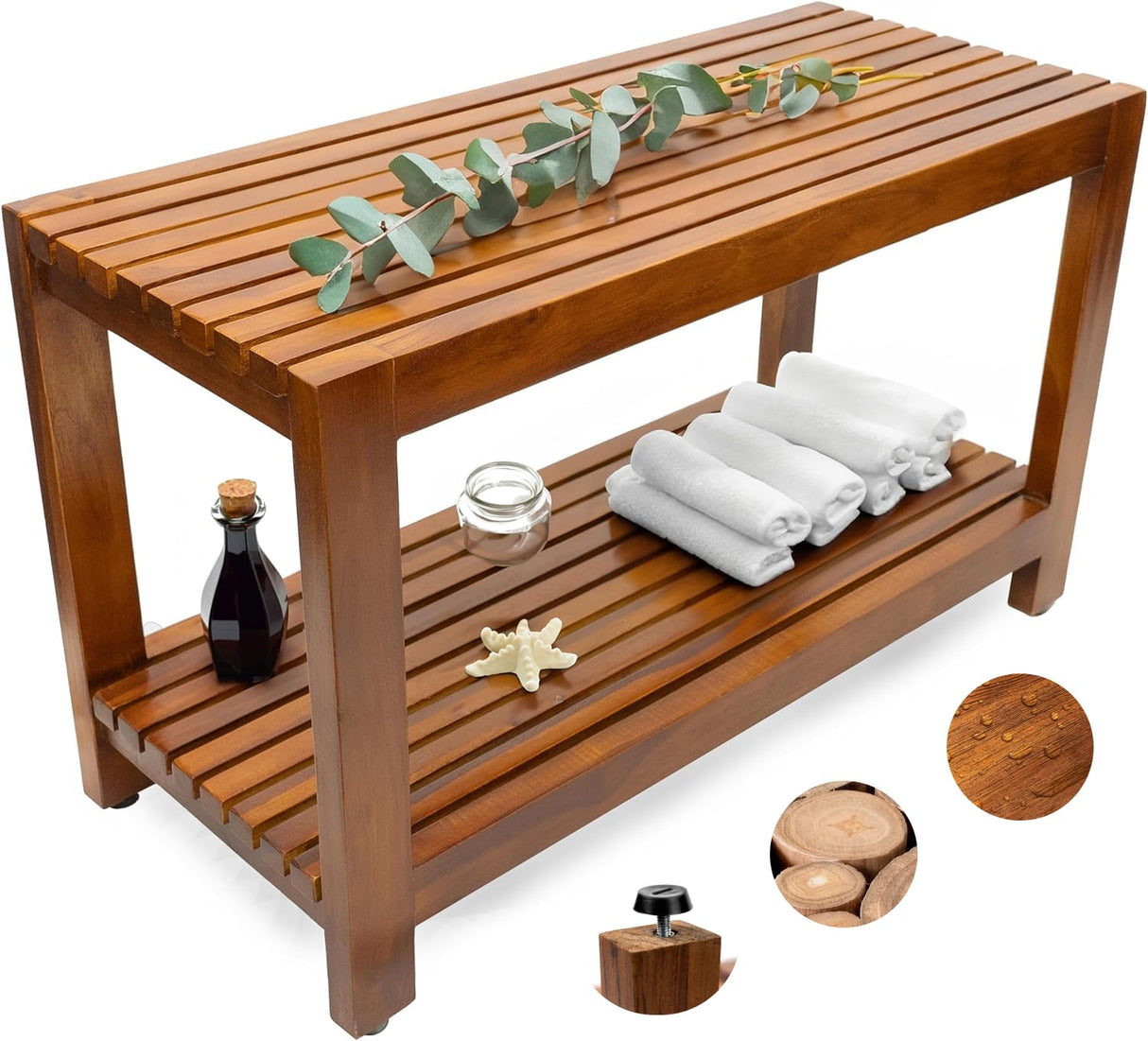 Teak Shower Bench - Fully Assembled 30 inch Shower Bench with Shelf | Water Resistant Shower Benches for Inside Shower to Sit on | Wooden Shower Bench for Spa, Garden, Living Room, Kitchen The Teaky Hut