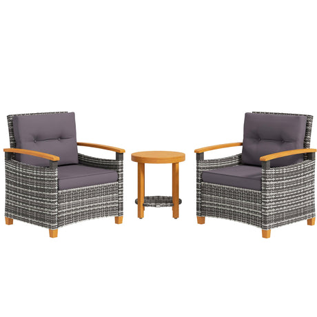 Outsunny 3 Pieces Patio Bistro Set Wooden with Cushions, PE Wicker Patio Furniture Outdoor for Porch, Backyard, Garden, Gray Outsunny