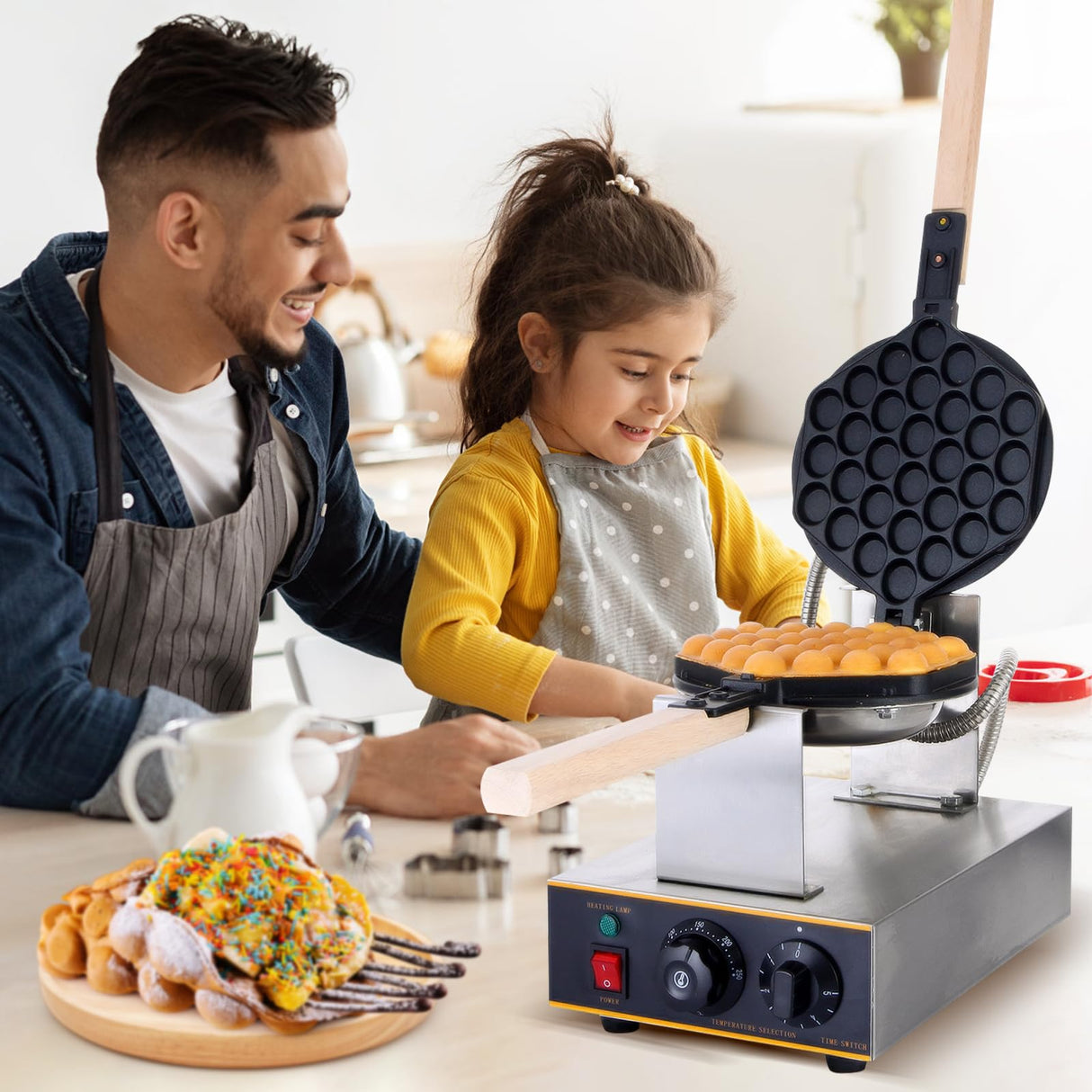 Dyna-Living Bubble Waffle Maker Commercial Egg Puff Waffle Iron Machine, 1400W Electric Stainless Steel Hong Kong Egg Waffle Maker, Egg Puff Waffle Iron for Home, 180° Rotating, Non-stick Coating Dyna-Living