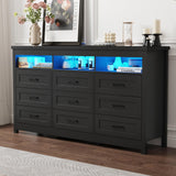 Hlivelood Farmhouse 9 Drawer Dresser with LED Lights, 63" Wide Large Chest of Drawers for Bedroom, Modern Wood Dresser Storage Organizer with Charging Station for Living Room, Bedroom, Hallway, Black Hlivelood