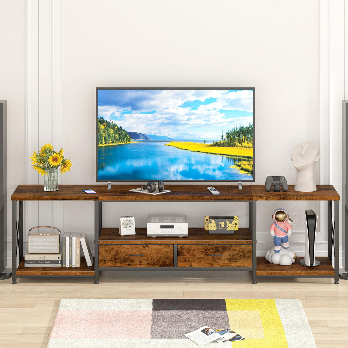 GYIIYUO TV Stand with Fabric Drawers for 80 85 Inches TV - Entertainment Center and Industrial TV Console Table with Open Storage Shelves for Living Room, Bedroom- 79.1" Rustic Brown GYIIYUO