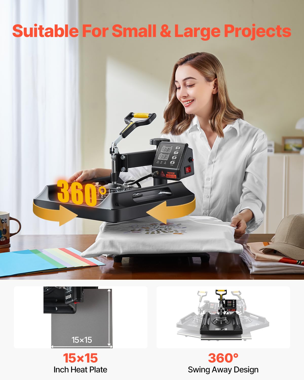 VEVOR 8 in 1 Heat Press Machine 15x15 Inch, 360° Swing Away Tshirt Press, Digital Professional Sublimation Heat Transfer for T Shirts Hat Cap Mug Plate VEVOR