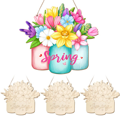 Paintable Spring Ornaments 3 Sets, Wooden Spring Ornaments to Paint, Unfinished Spring Flowers Wreaths Wood Crafts for Painting, Wood Cutouts DIY Ornaments for Kids Adults Door Decor (Spring