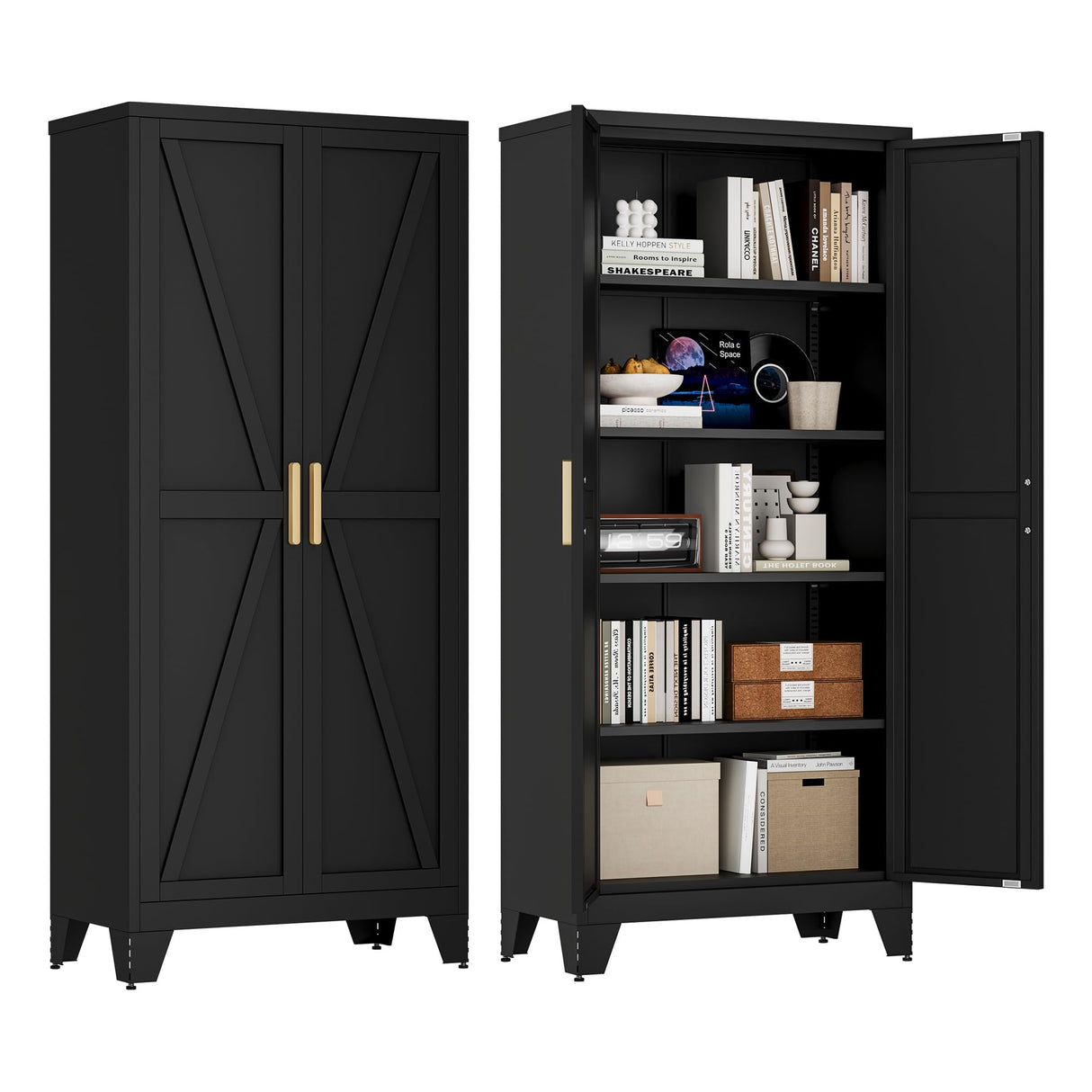 Washsemba 71'' Farmhouse Metal Storage Cabinet with Barn Doors,Steel File Cabinet for Home Office,Kitchen Pantry 4 Adjustable Shelves,Freestanding Cupboard for Kitchen,Home Office (Black) Washsemba