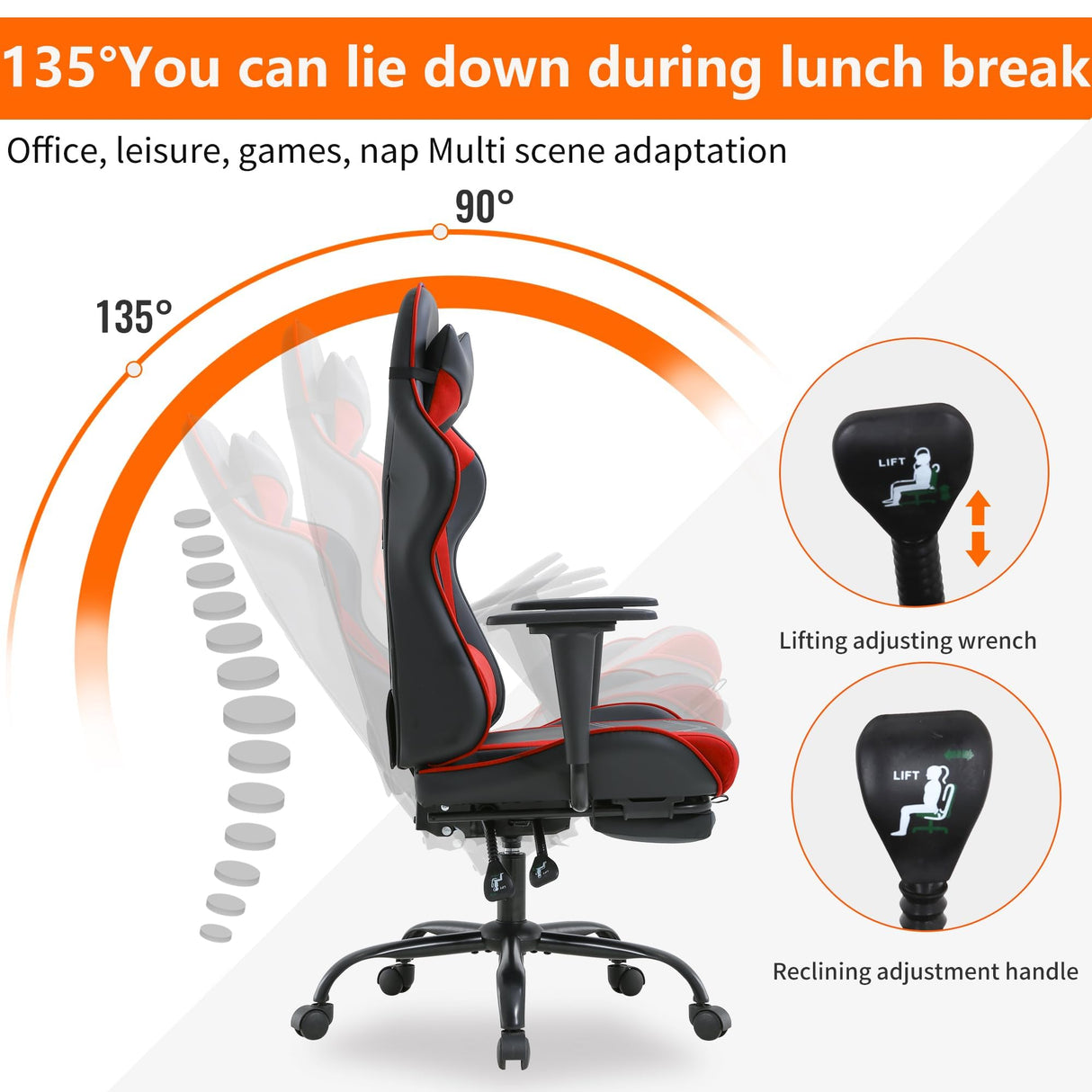 Gaming Chair, High Back PU Leather Gaming Chairs Computer Chair with Headrest & Lumbar Support, Height Adjustable Wide Seat Gamer Chair Gaming Chairs for Adults, Game Chair with Footrest & Armrest Haiput Wam