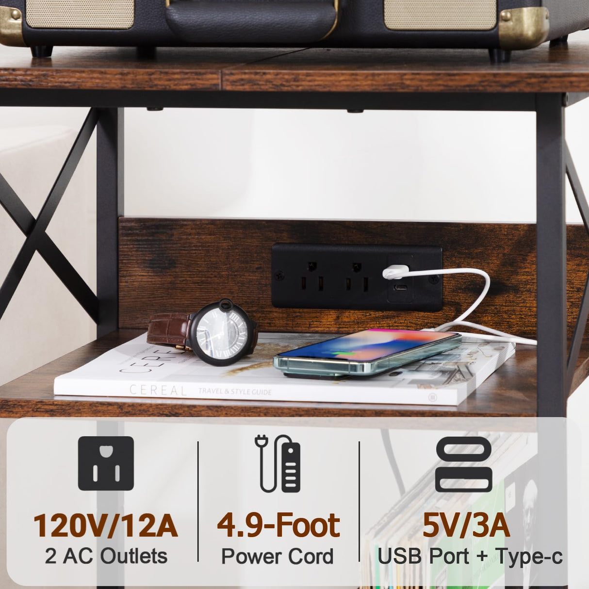 AMHANCIBLE Record Player Stand with Charging Station, Large Turntable Stand with Storage Cabinet, 3 Tier End Table Hold Up to 100 Albums, Record Stand for Vinyl, Living Room, Brown, HETCD012BR-1 AMHANCIBLE