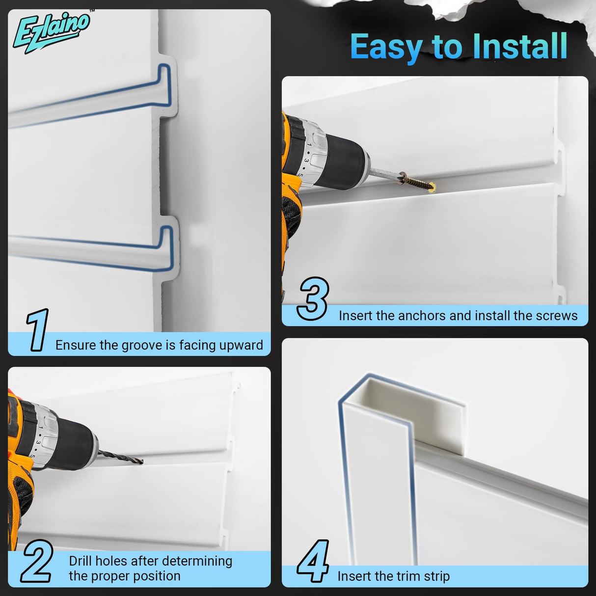 Ezlaino Slatwall Panel 4FT x 4FT, PVC Slat Wall Storage System, Waterproof, Durable& Easy to Install, Compatible with Most Hooks, Ideal for Garage Storage & Home Decoration, White Ezlaino