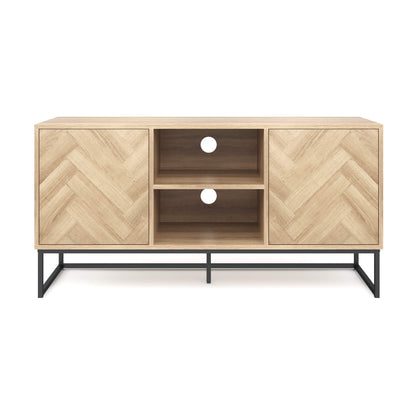 Nathan James Dylan Media Console Cabinet or TV Stand with Doors for Hidden Storage in a Natural Reclaimed Herringbone Wood Pattern and Metal, Oak/Matte Black - WoodArtSupply