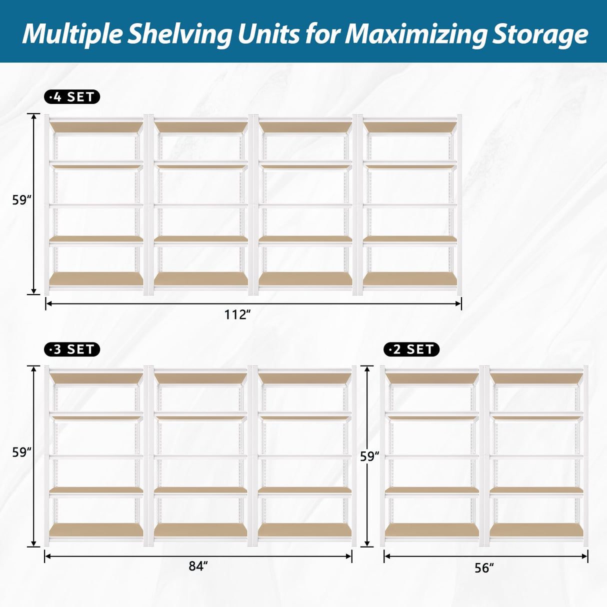 PrimeZone 28" W x 12" D x 59" H Closet Storage Shelves - 5 Tier White Metal Connector Shelving, Adjustable Heavy Duty Garage Shelves, Utility Rack Organizer Shelf for Kitchen Pantry Closet, 2 PCS PrimeZone