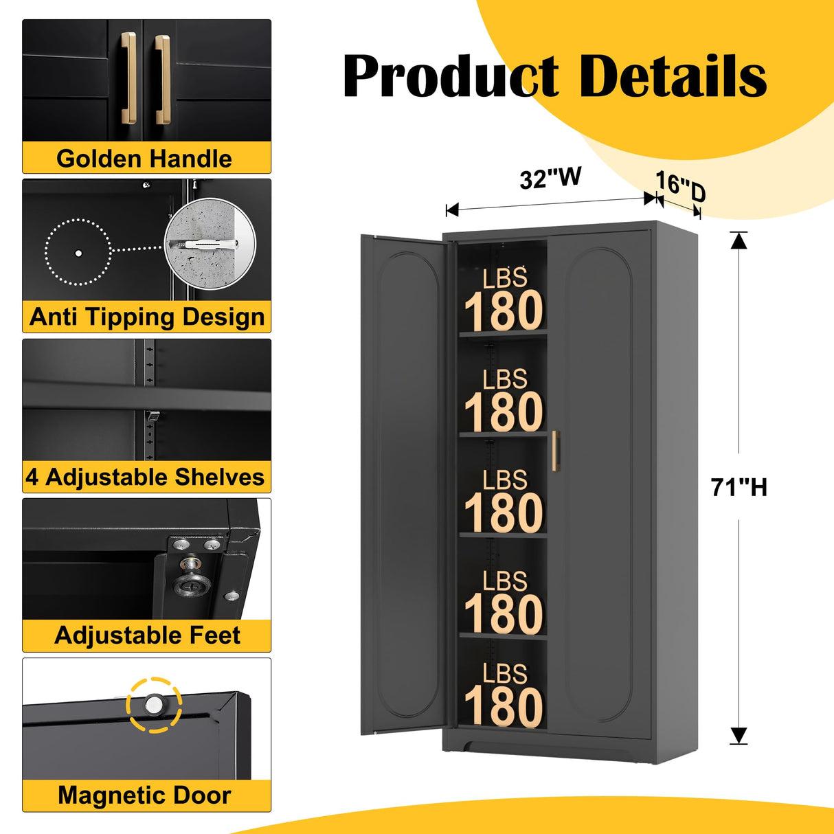 SteeLoong Metal Kitchen Storage Cabinet,71”Pantry Cabinet with Doors and 4 Adjustable Shelves,Tall Black Cabinet for Pantry, Laundry Room,Living Room,Dinning Room SteeLoong