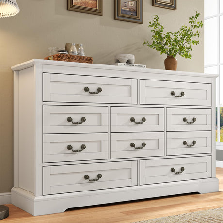 Gyfimoie Farmhouse 10 Drawer Dresser, 52 Inch White Chest of Drawer Dresser for Bed Room with Vintage Handle, Storage Dressers Organizer for Bedroom, Living Room and Hallway Gyfimoie
