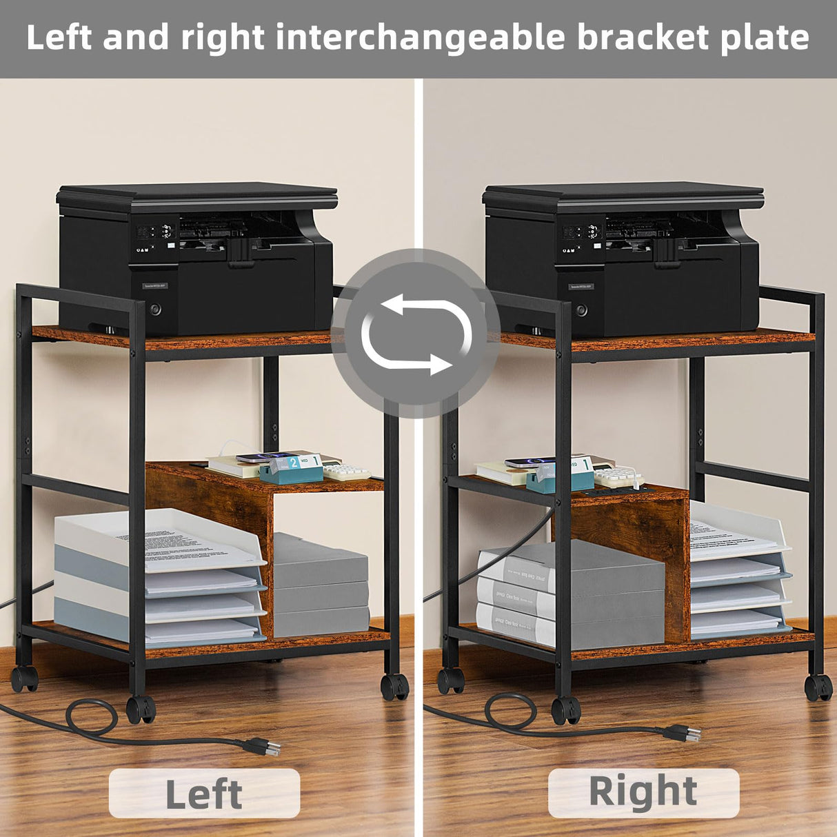 Lerliuo Printer Stand with Charging Station and USB Ports, Large 3-Tier Mobile Printer Table with Storage Shelf, Brown Rolling Industrial Printer Cart with Lockable Wheels for Home Office Lerliuo