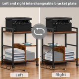 Lerliuo Printer Stand with Charging Station and USB Ports, Large 3-Tier Mobile Printer Table with Storage Shelf, Brown Rolling Industrial Printer Cart with Lockable Wheels for Home Office Lerliuo