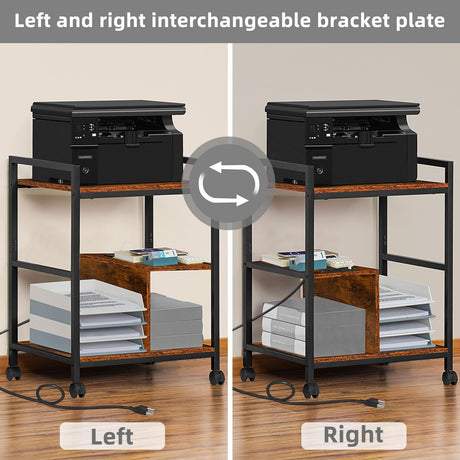 Lerliuo Printer Stand with Charging Station and USB Ports, Large 3-Tier Mobile Printer Table with Storage Shelf, Brown Rolling Industrial Printer Cart with Lockable Wheels for Home Office Lerliuo