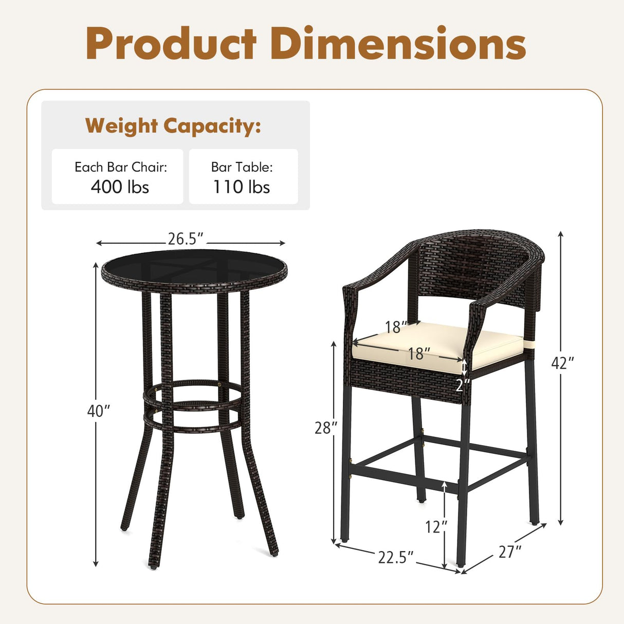 RELAX4LIFE 3-Piece Outdoor Bar Set - Patio Wicker Rattan Bar Height Barstools w/Cushions, Footrest, Round Glass Top Table, High Top Bistro Table & Chairs Set of 2 for Pool Porch Balcony (Brown-Beige) RELAX4LIFE
