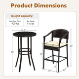 RELAX4LIFE 3-Piece Outdoor Bar Set - Patio Wicker Rattan Bar Height Barstools w/Cushions, Footrest, Round Glass Top Table, High Top Bistro Table & Chairs Set of 2 for Pool Porch Balcony (Brown-Beige) RELAX4LIFE