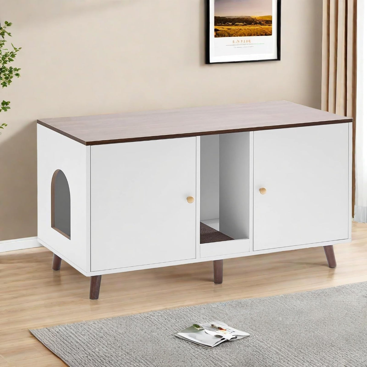 JanflyHome Litter Box Enclosure for 2 Cats, Double Hidden Litter Box Cabinet Furniture with Scratching Pad, Indoor Wood End Table Side Table Cat Washroom, White JanflyHome