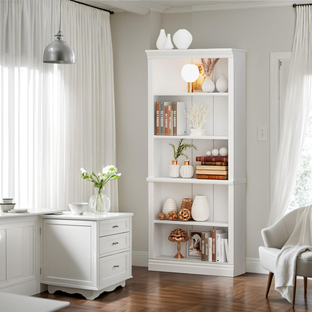 Furniwell 72" White 5-Shelf Tall Bookcase with Modern Design and Large Storage Capacity Furniwell