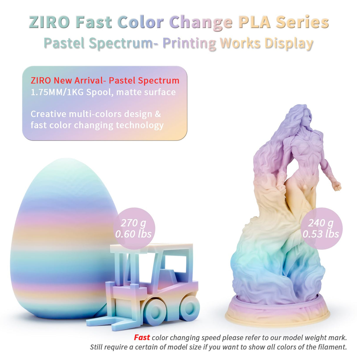 ZIRO PLA Filament 1.75mm, Matte Multicolor 3D Printer Filament, Color Gradient Change PLA, Fast Color Change by Length, Fit Most FDM Printers, Dimensional Accuracy +/-0.03mm,1KG Pastel Spectrum ZIRO
