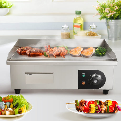 VEVOR Commercial Electric Griddle, 22", 1600W Countertop Flat Top Griddle, Stainless Steel Teppanyaki Grill w/Iron Cooking Plate, 122-572℉ Adjustable Temp Control 2 Shovels & Brushes, 110V VEVOR