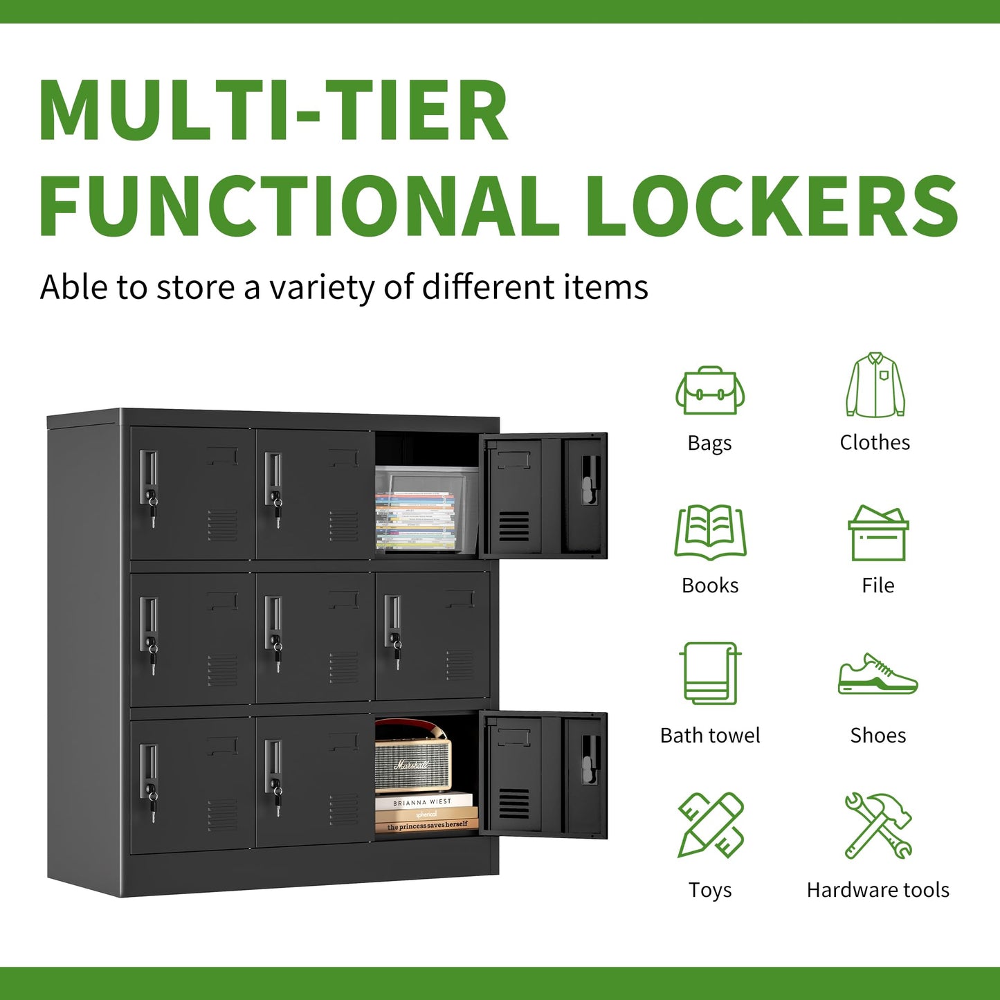 Yukimo 9 Door Metal Locker, Storage Lockers for Employees, Steel Storage Locker with Lock and Card Slot, Employee Lockers for Home, Office, School, Gym, Require Assembly(Black) - WoodArtSupply