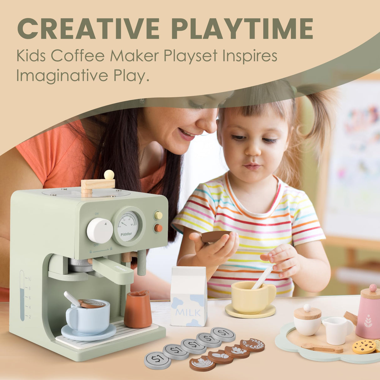 Pithfor Kids Wooden Coffee Maker Toy with Grinder, Pretend Play Kitchen Appliances & Accessories Toy Gift for Kids Toddlers Boys Girls Pithfor