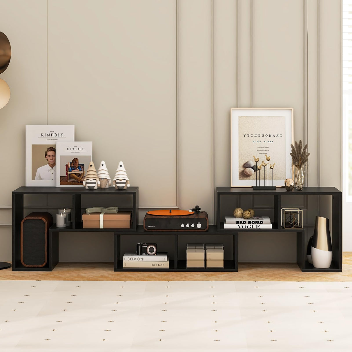 Tangkula 3 Pieces Console TV Stand, Free-Combination Entertainment Center for 50 55 60 65 Inch TV, Minimalist Modern TV Table Media Stand, DIY Open Storage Bookcase for Living Room (Black Wood Grain) Tangkula