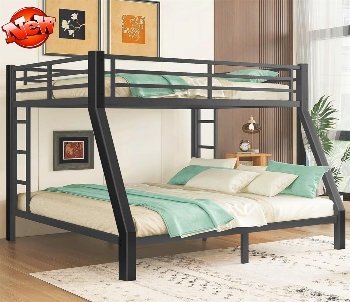 TSAMPA Latest Upgraded & Stronger Heavy Duty Black Metal Bunk Bed Frame Queen Over King Size, Thickened Safer More Stable Bunkbed King Bunk Bed (Easier to Assemble) (Queen Over King)