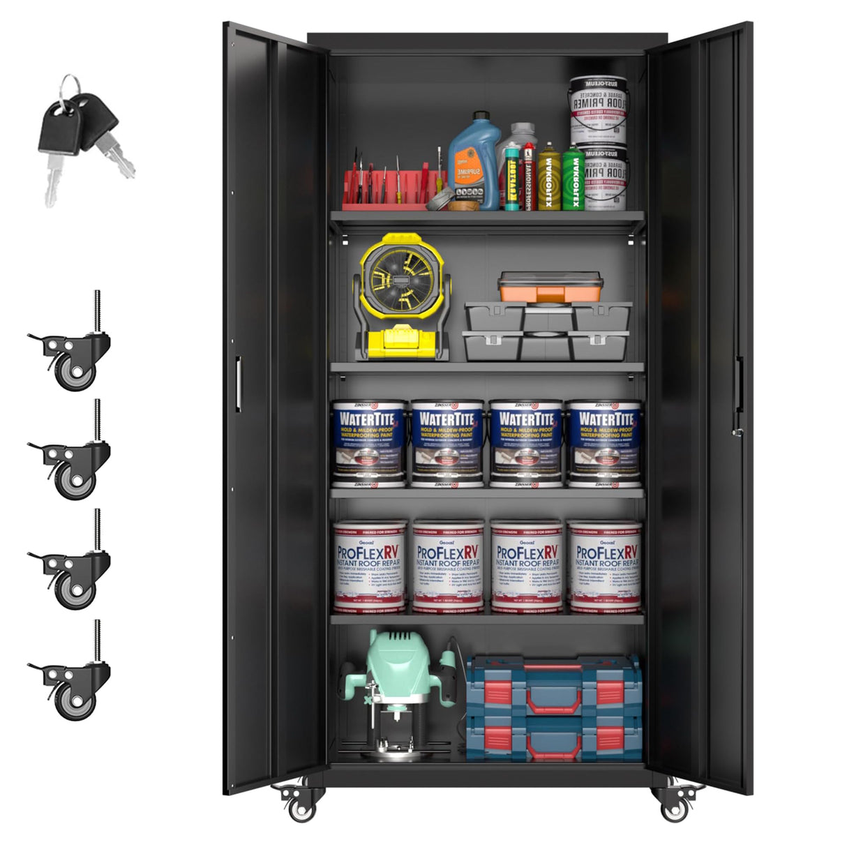 Aobabo 73''H Metal Garage Storage Cabinet with Wheels,Steel Cabinets with 2 Doors and 4 Adjustable Shelves for Home Office,Required Assembly,Black Aobabo