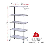 Alera 5-Shelf Wire Shelving Kit with Casters and Shelf Liners, 36w X 18d X 72h, Black Anthracite Alera