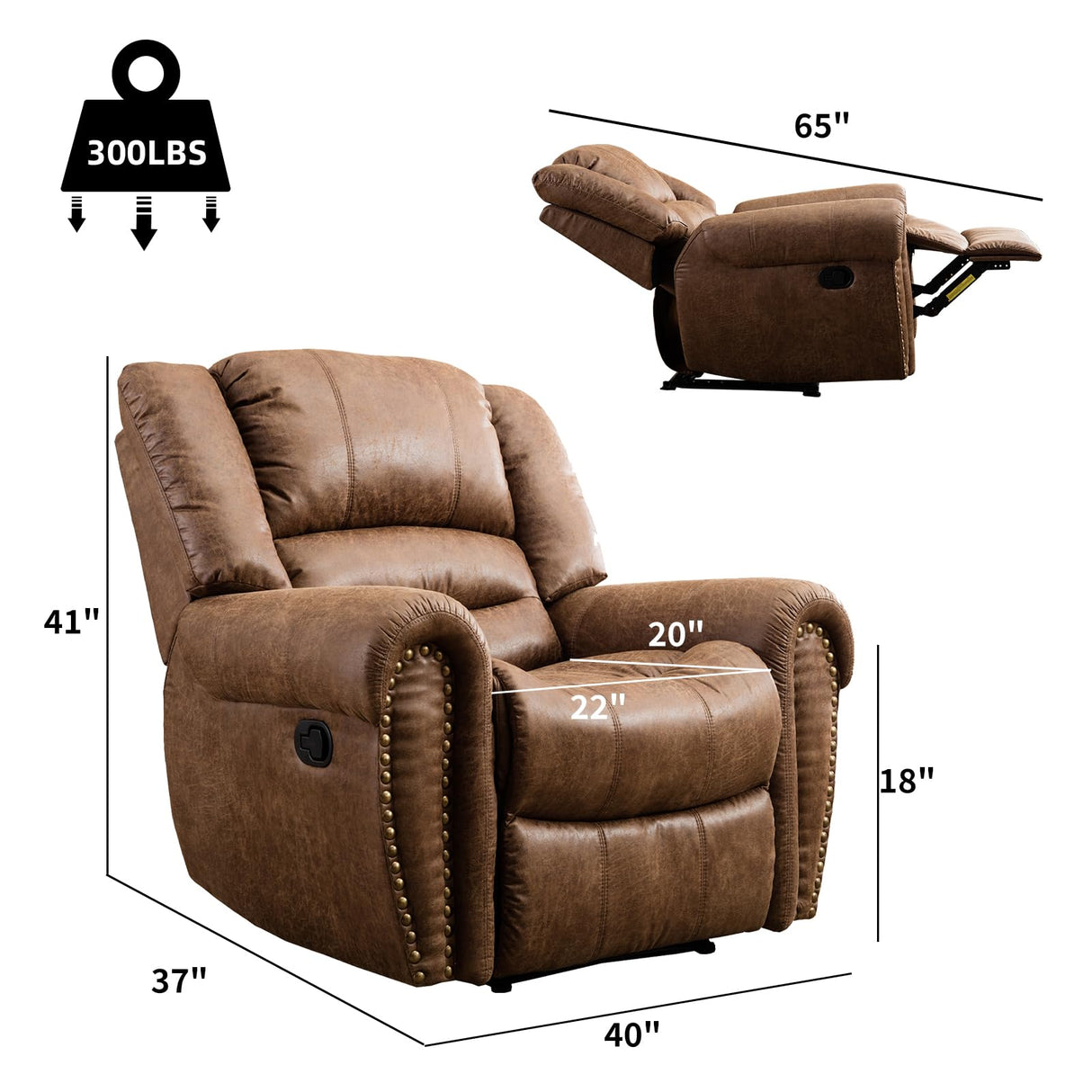 CANMOV Leather Recliner Chair Set of 2, Classic and Traditional Manual Recliner Chair with Comfortable Arms and Back,Manual Single Recliner Sofa for Living Room, Nut Brown CANMOV